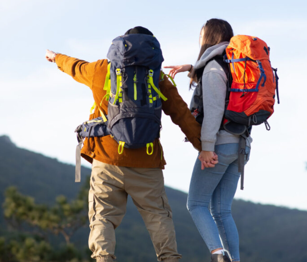 Back view of active friends hiking